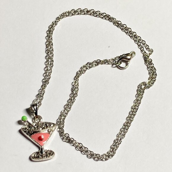 Martini Cocktail Drink Cup Glass Charm Necklace Pendant Pink Enamel 18" Chain - Picture 5 of 9